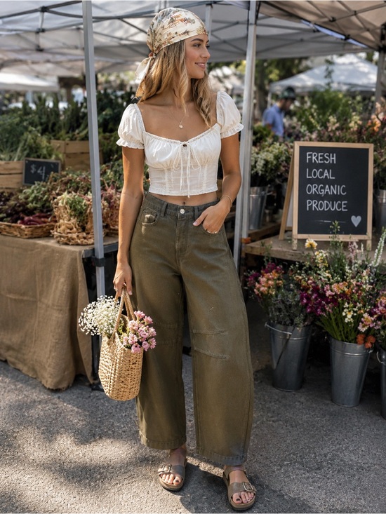 Free People Denim - Free People Coated Olive Barrel Leg Pants